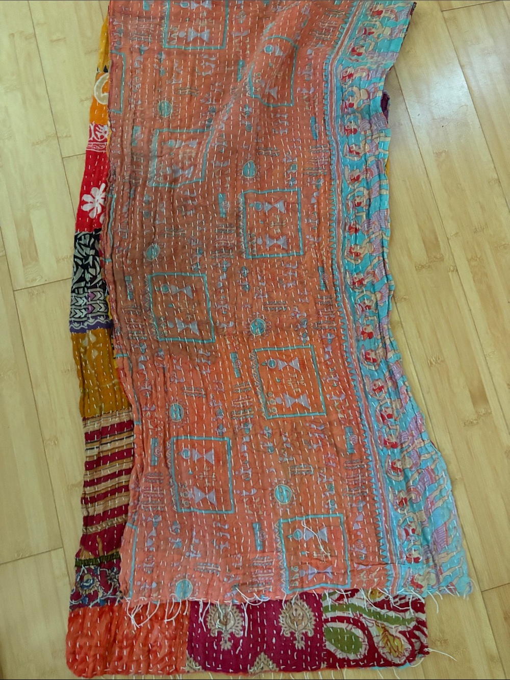 Vibrant Patchwork Kantha Scarf in Orange, Pink & Purple - Picture 4 of 5